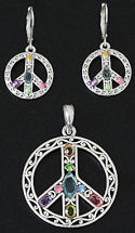 CZ Multi-color Peace Sign Earrings & Pendant Set